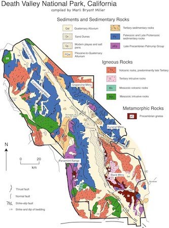 Geology of Death Valley National Park. Courtesy of Marli Bryant Miller (http://marlimillerphoto.com/DEVAmap.html) Geology of Death Valley National Park. Courtesy of Marli Bryant Miller (http://marlimillerphoto.com/DEVAmap.html)